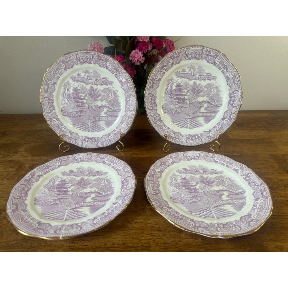 Vintage Adderley England Purple Transferware Luncheon Plates Gold Trim China